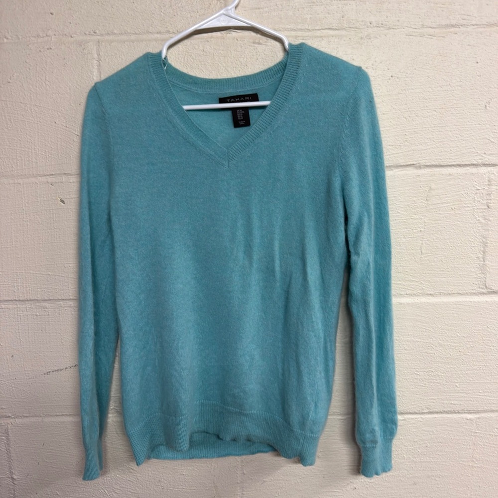 Tahari Turquoise Blue 100% 2-Ply Cashmere V-Neck Sweater Womens Size Medium
